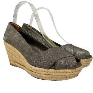 Tory Burch Filipa Pewter Linen Espadrille Wedges - Metallic Peep-Toe Heels